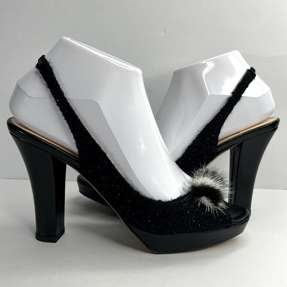 KATE SPADE Galore Black Boucle Tweed Mink Fur Bow Slingback Peep‎ Toe Heels Pump - Picture 17 of 17
